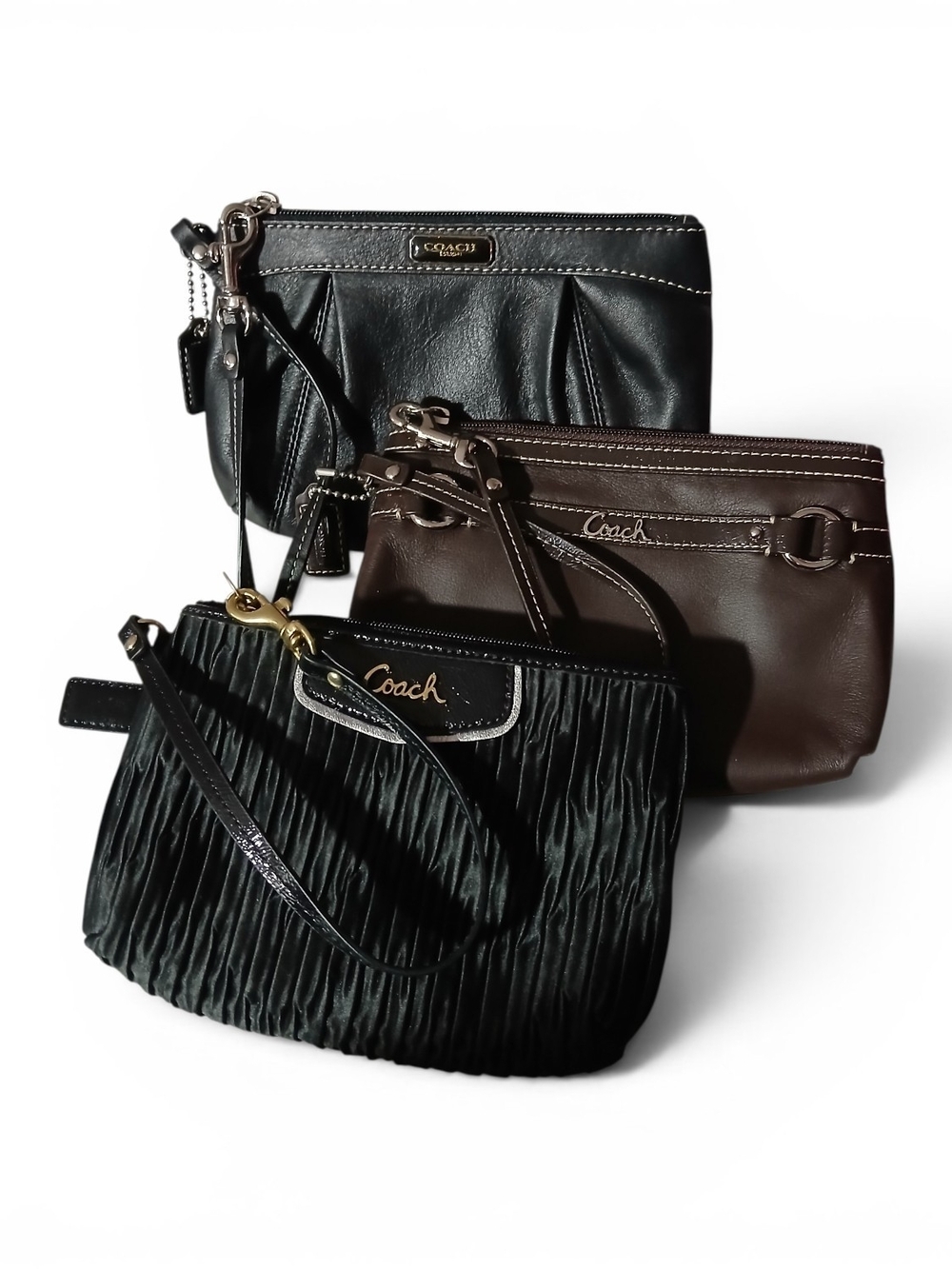 Coach Black and Brown Wristlet Trio - Leather & Pleated Styles - 2 NWOT
